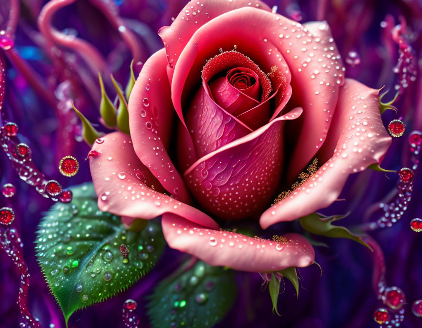 Close-up of dew-covered pink rose in rich purple hues with sparkling droplets.