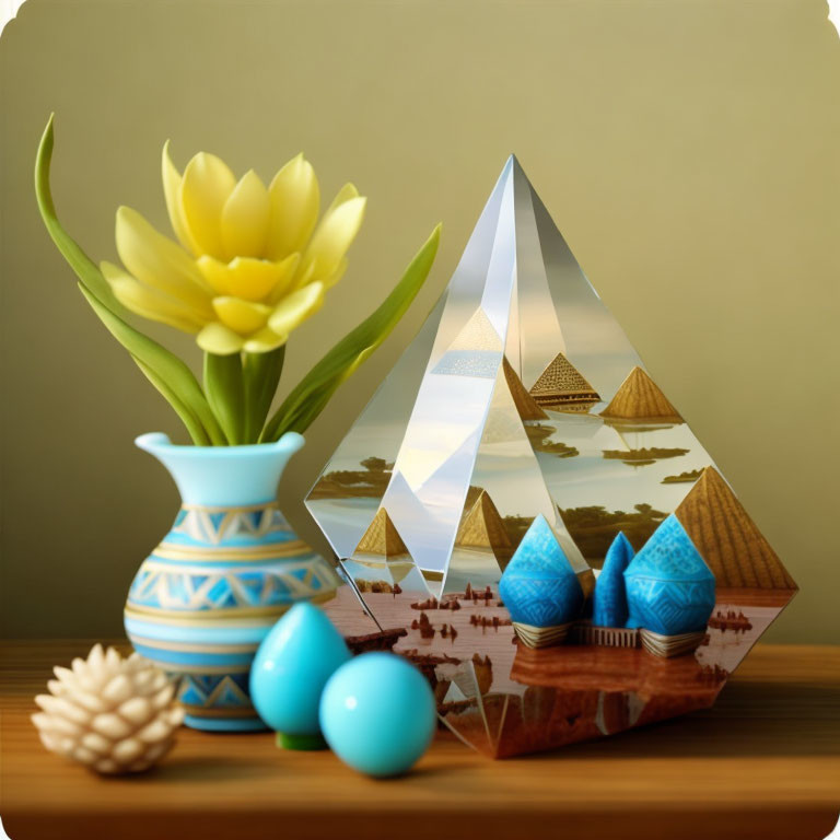 Blue vase with yellow tulips, decorative eggs, pine cone, and mirrored pyramid in still life composition