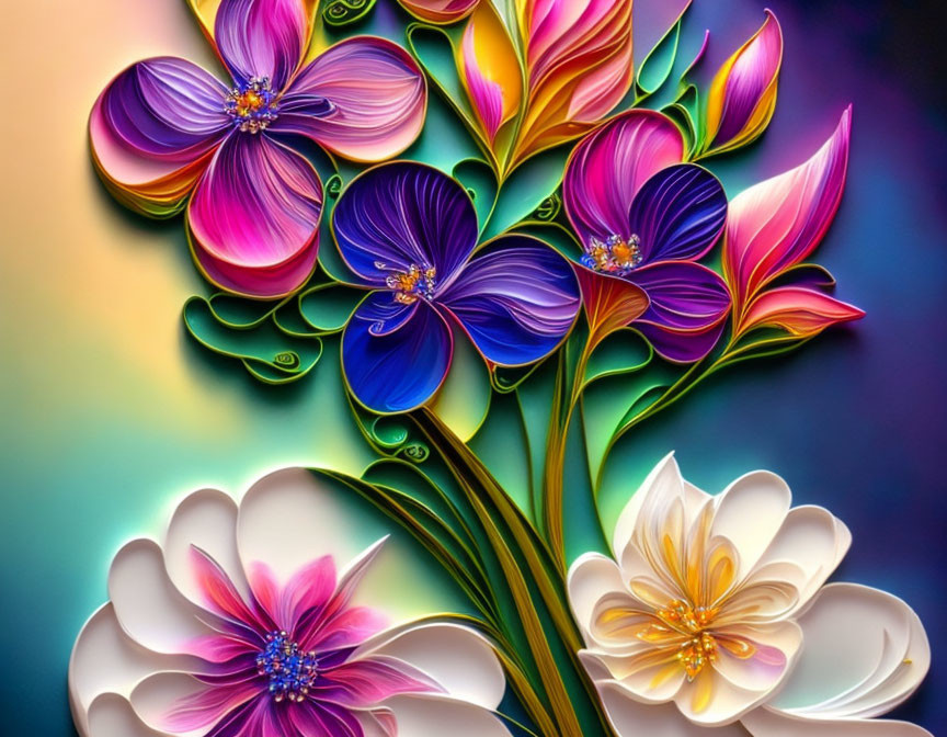 Colorful Stylized Flowers Artwork with Purple, Pink, Yellow, and White Petals