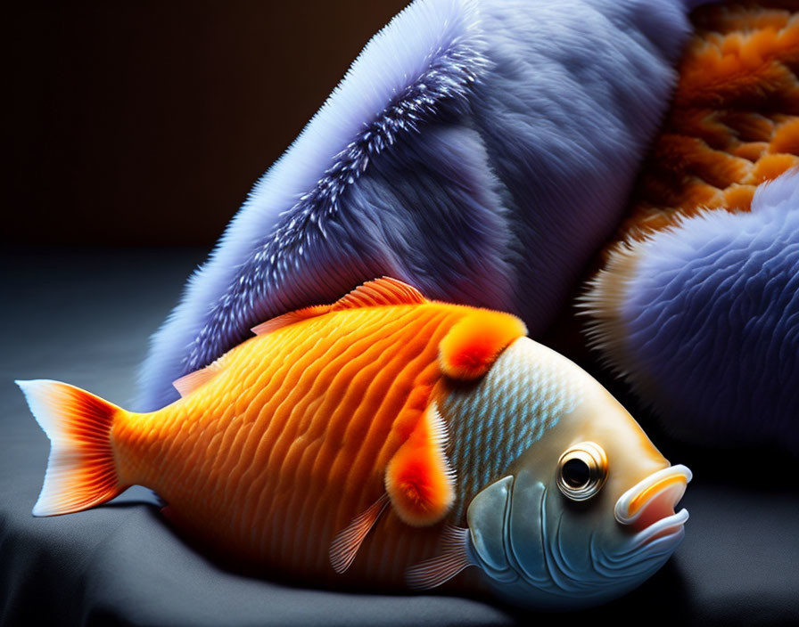 Colorful Orange Fish Resting on Dark Surface with Purple and Blue Fabrics