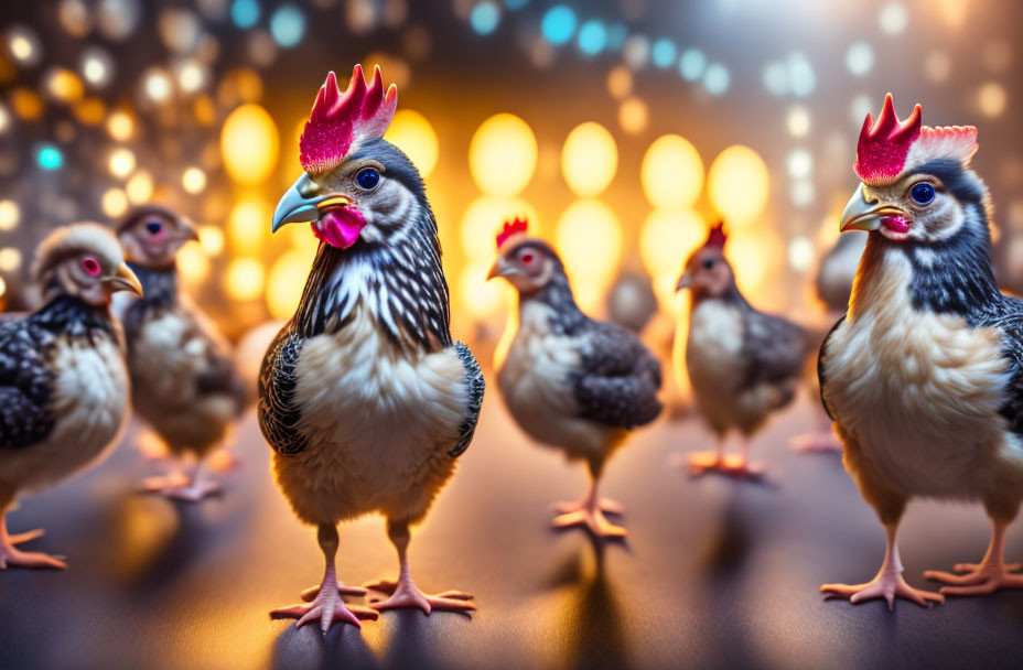 Chickens with oversized human hairstyles on bokeh background