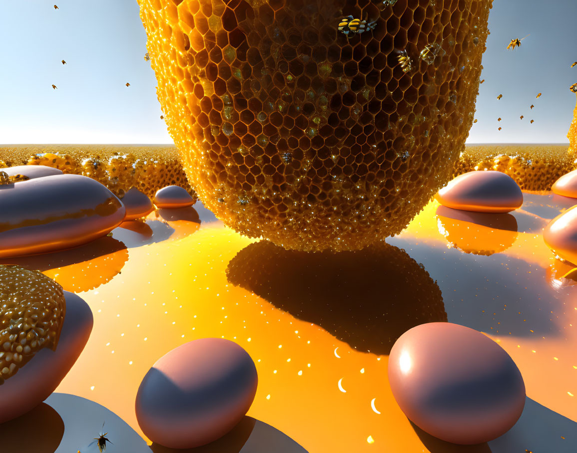 Surreal landscape with floating honeycomb structure and bees