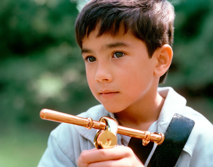 Dark-haired boy with brass spyglass against green background