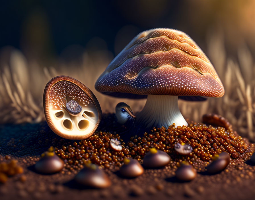 Whimsical bird under illuminated mushroom with scattered acorns