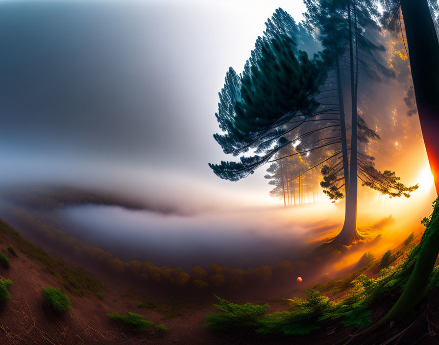 Panoramic sunrise view of misty forest with tall trees in warm light