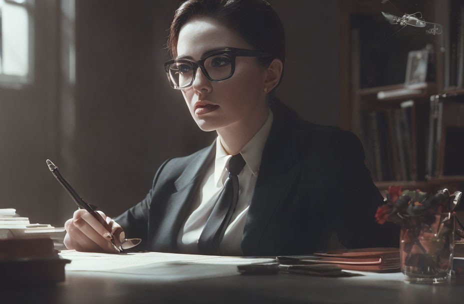 Professional individual at desk in dimly lit room with documents, glasses, tie, and flowers.