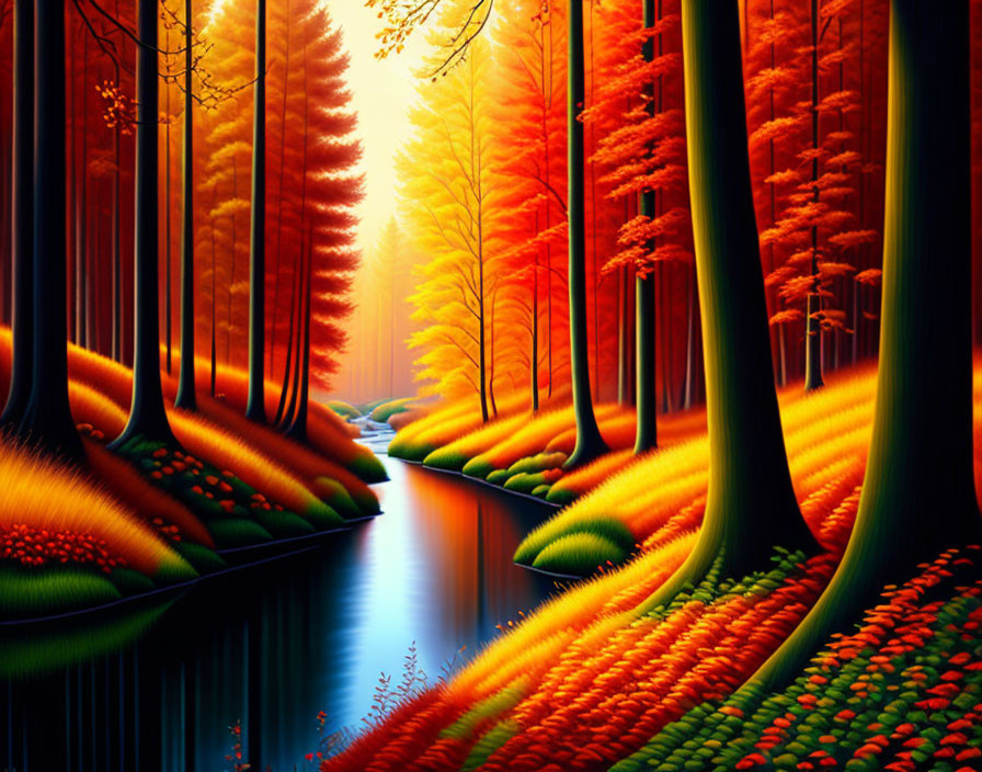 Colorful forest scene with river and sunset reflection in vibrant art.