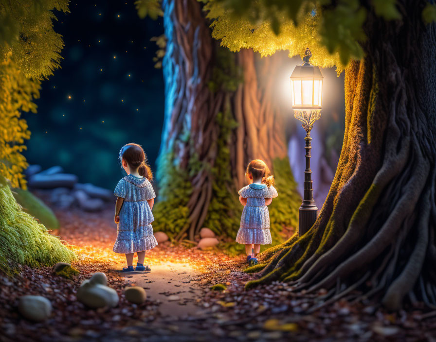 Two Young Girls in Matching Dresses on Forest Path at Twilight