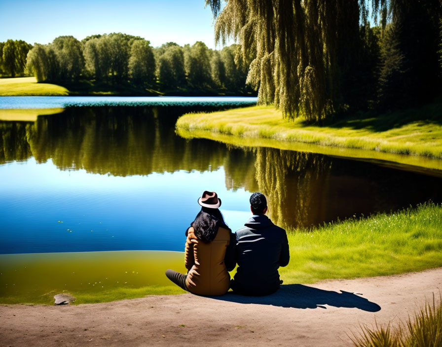 Tranquil lake scene with two people under weeping willow