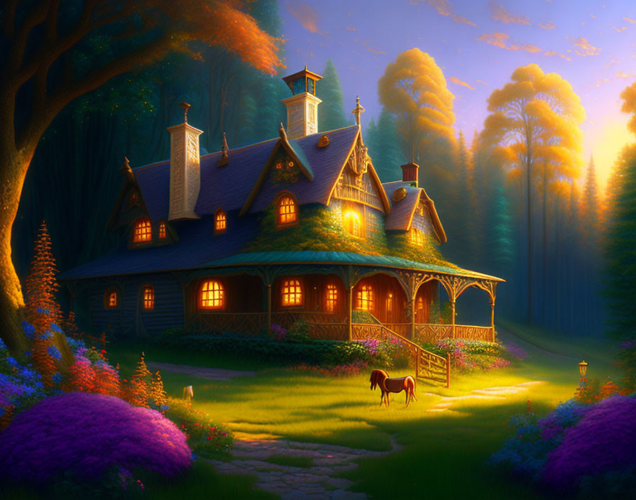 Cozy cottage in forest with glowing windows and horse at twilight