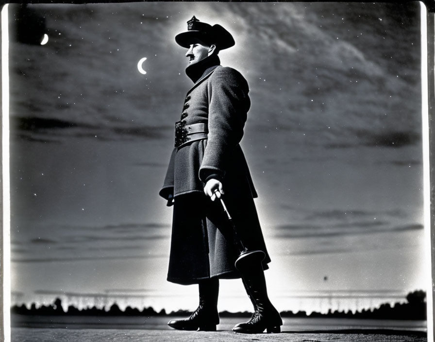 Silhouetted military figure in uniform under crescent moon and clouds