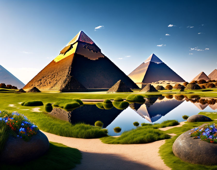 Great Pyramids of Giza reflected in water in colorful garden