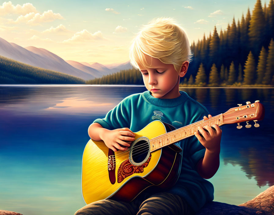 Blonde child playing guitar by serene lake at sunset