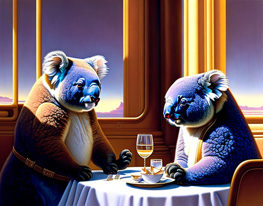 Anthropomorphized koalas in clothes share romantic meal on train at sunset