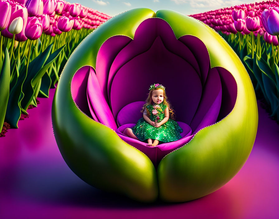 Young girl in green dress with floral crown in oversized pink tulip among tulip fields