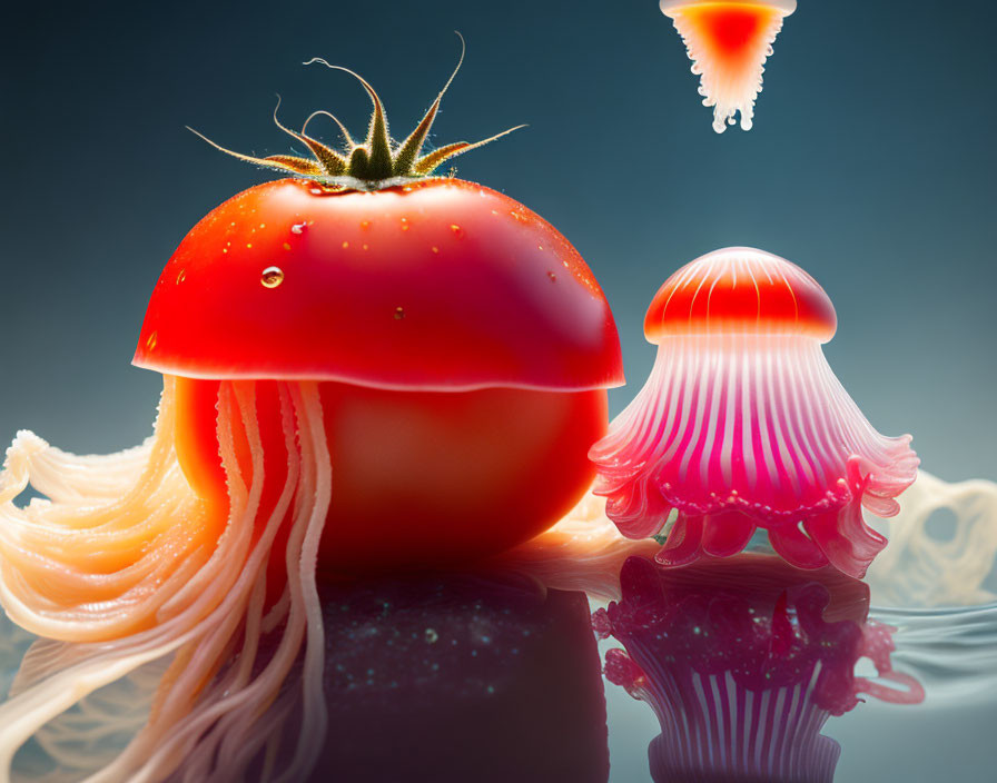 Surreal tomato-tentacle and pink jellyfish on reflective surface