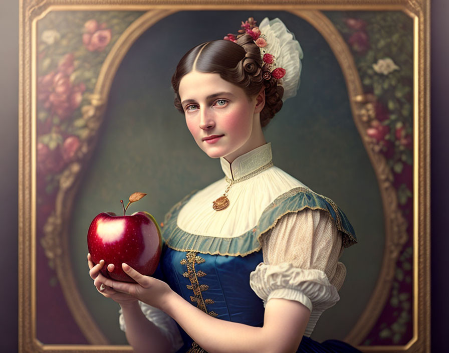 Vintage Portrait of Woman in Blue Dress with Red Apple on Floral Background