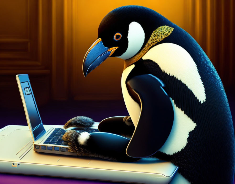 Anthropomorphic penguin with laptop on desk in vivid background