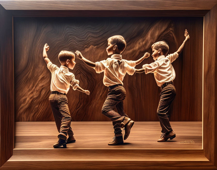 Wood Carving of Three Children Dancing in Circular Motion