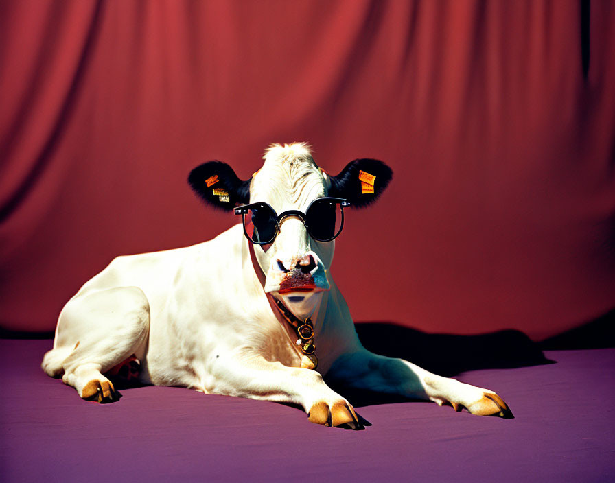 Cow with sunglasses and gold chain necklace on purple background