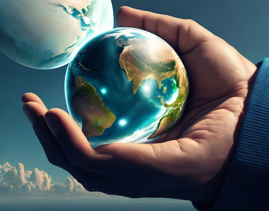 Person's Hands Cradling Glowing Earth Globes Symbolizing Global Responsibility