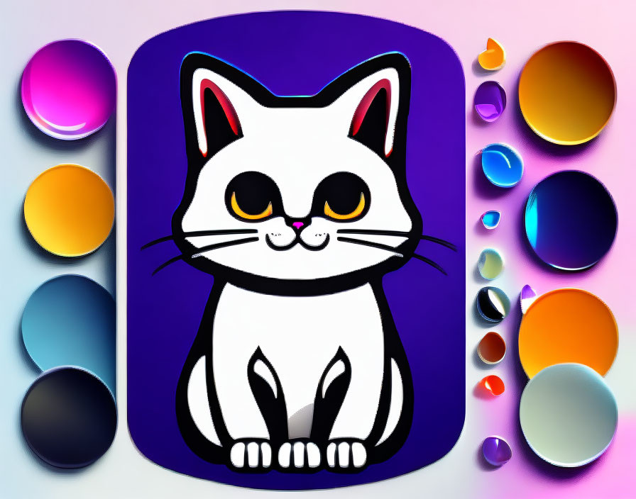 Stylized white cat with black accents and yellow eyes on purple backdrop