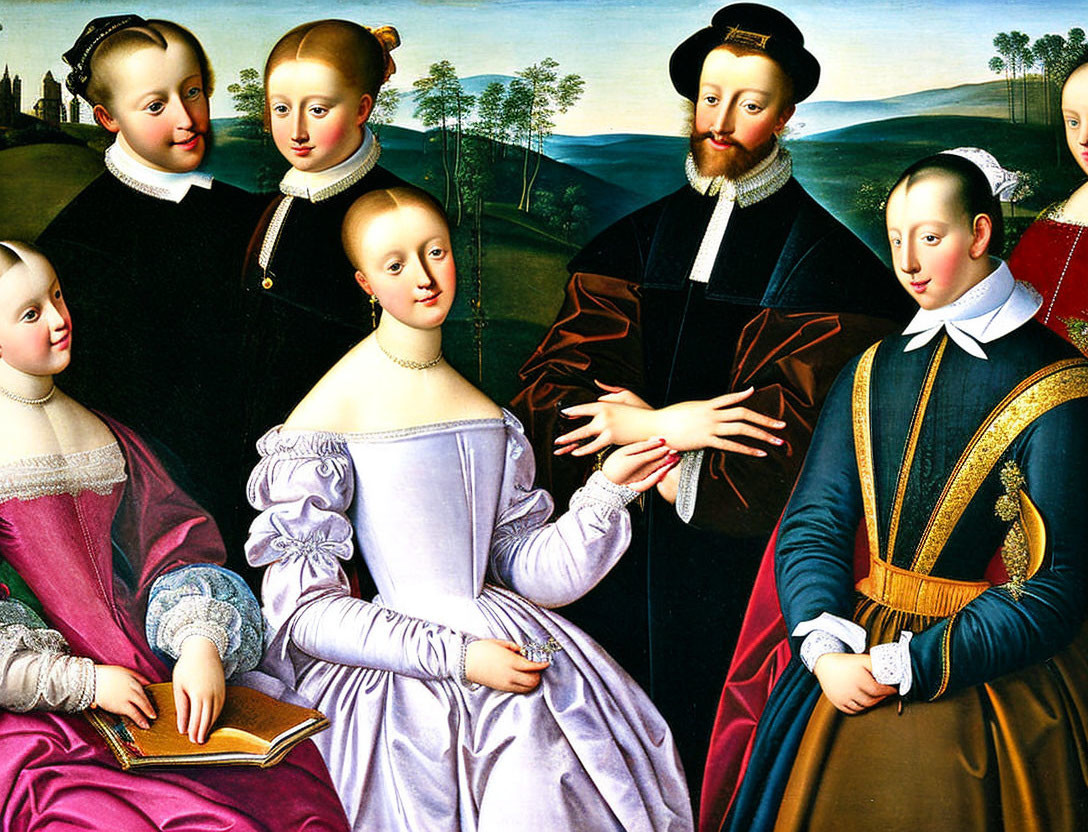 Six Renaissance-era figures in period attire against landscape.