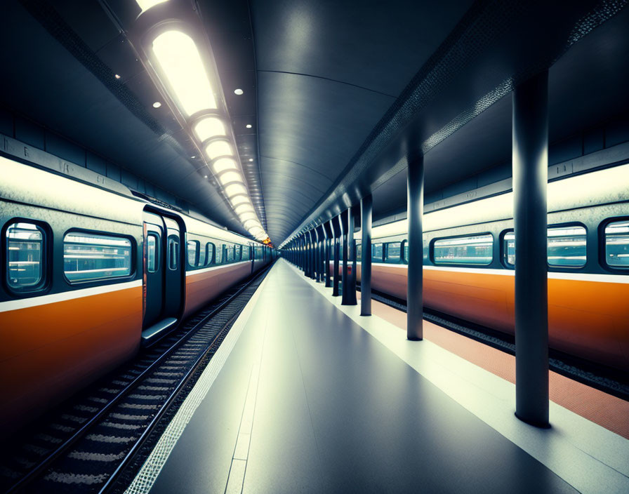 Empty modern subway station with two motion-blurred trains.