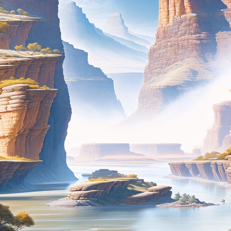 Sunlight illuminates canyon with river and sandstone cliffs