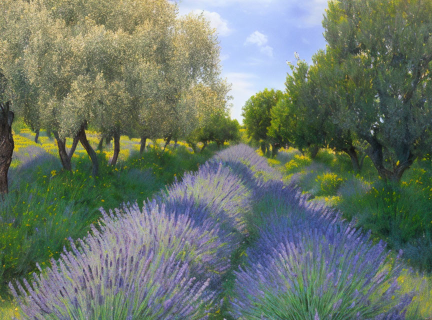 Lavender Field Painting with Olive Trees in Soft Sunlight