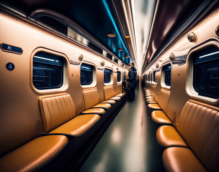 Empty subway car with tan seats and standing passenger in warm ambiance