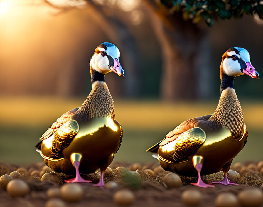 Vibrant ducks in sunlight with scattered seeds.