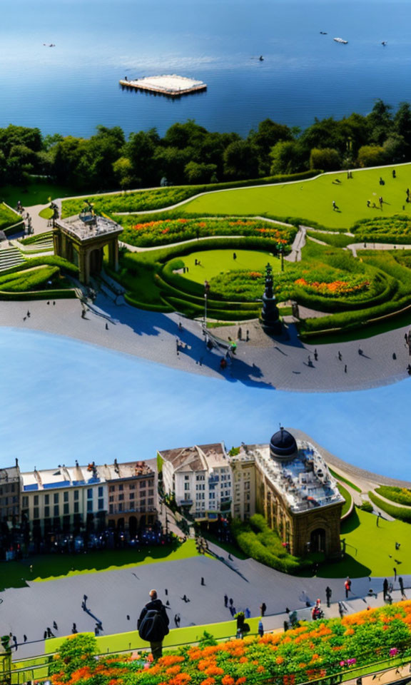 Formal garden with vibrant flower beds, monument, people, cityscape, and water body.