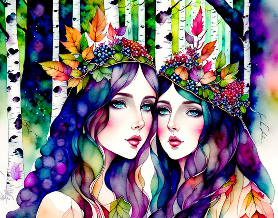 Ethereal women with floral crowns in colorful woodland setting