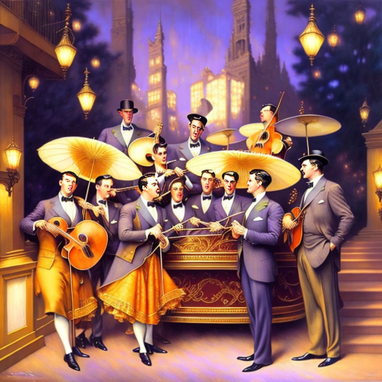 Vintage-inspired painting: Elegant all-male orchestra with string instruments and parasols against cityscape at dusk