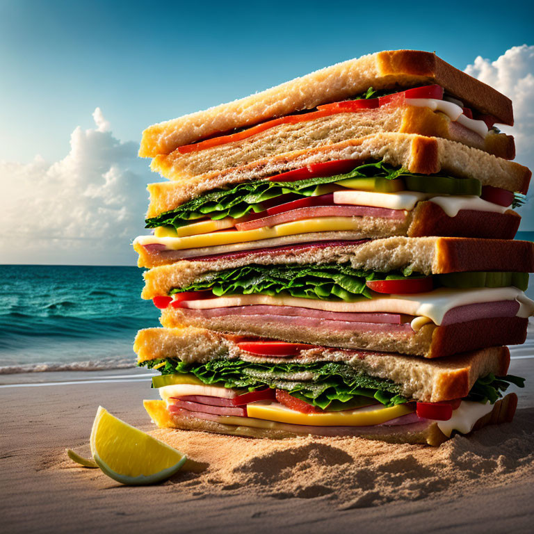 Giant layered sandwich on beach background with lime slice