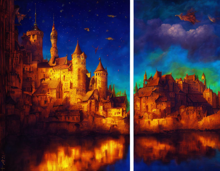 Split artwork: Fantastical castle by river, one side starry night, other twilight ambiance.