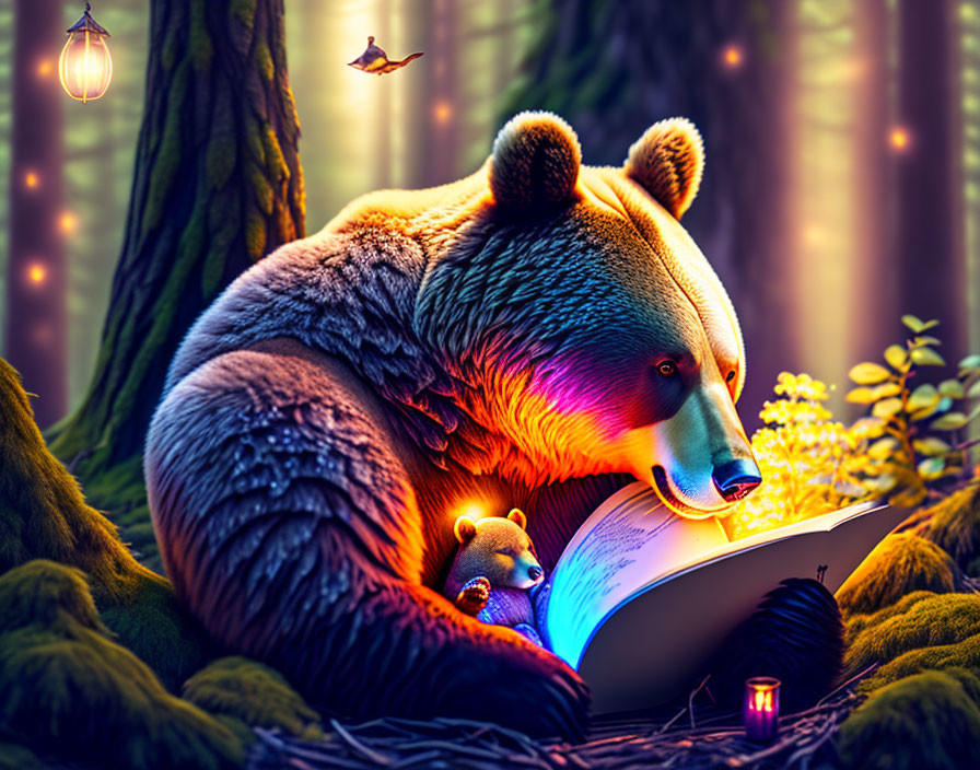 Bear and Cub Cuddle with Glowing Book in Enchanted Forest