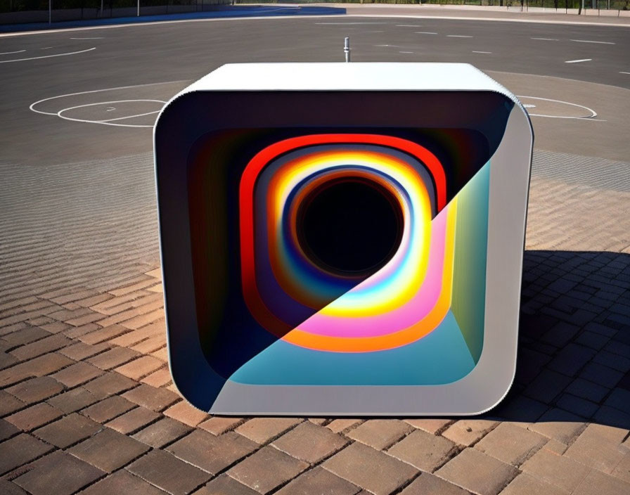 Surreal 3D artwork: Infinitely recursive cube on basketball court