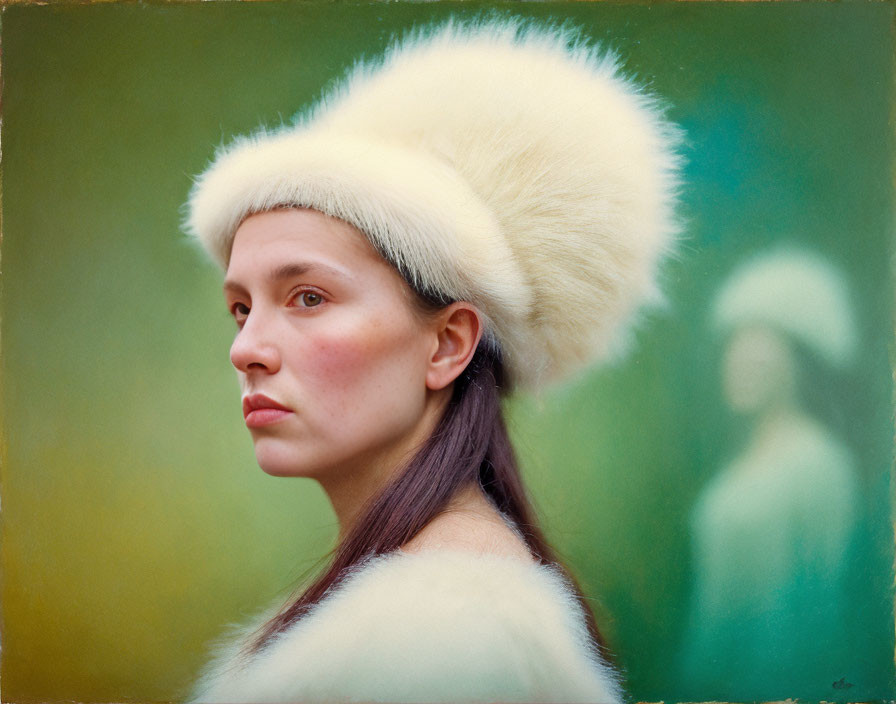 Person in Large Fluffy White Hat with Blurred Background