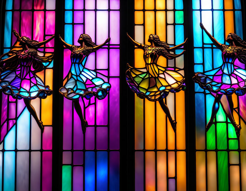 Colorful Stained Glass Window with Dancing Figures