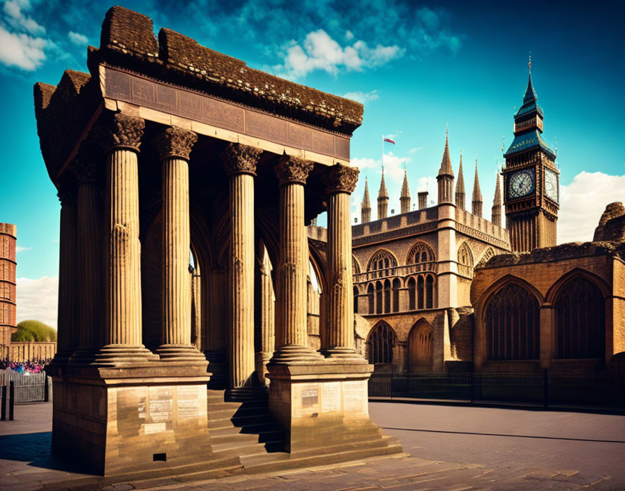 Iconic Big Ben and Houses of Parliament in golden hour light with classical architecture and columns against clear blue