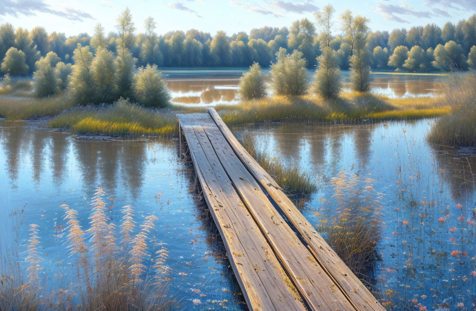 Tranquil wetland landscape with wooden pathway at sunset