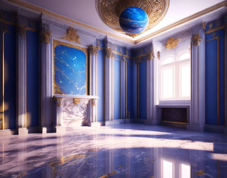 Luxurious Blue and Gold Room with Celestial Sphere and Marble Floor