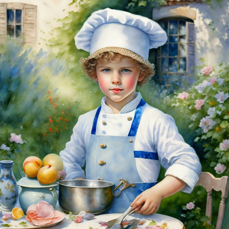 Child in chef's hat with fruit, bowl, and flowers on table