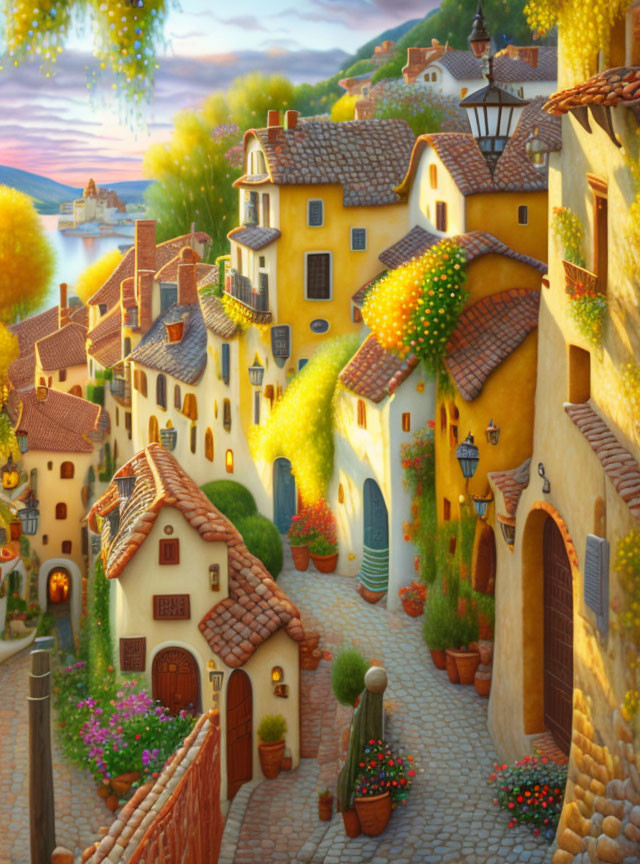 Warm-toned coastal village: cobblestone streets, glowing street lamps, and flowering plants at sunset