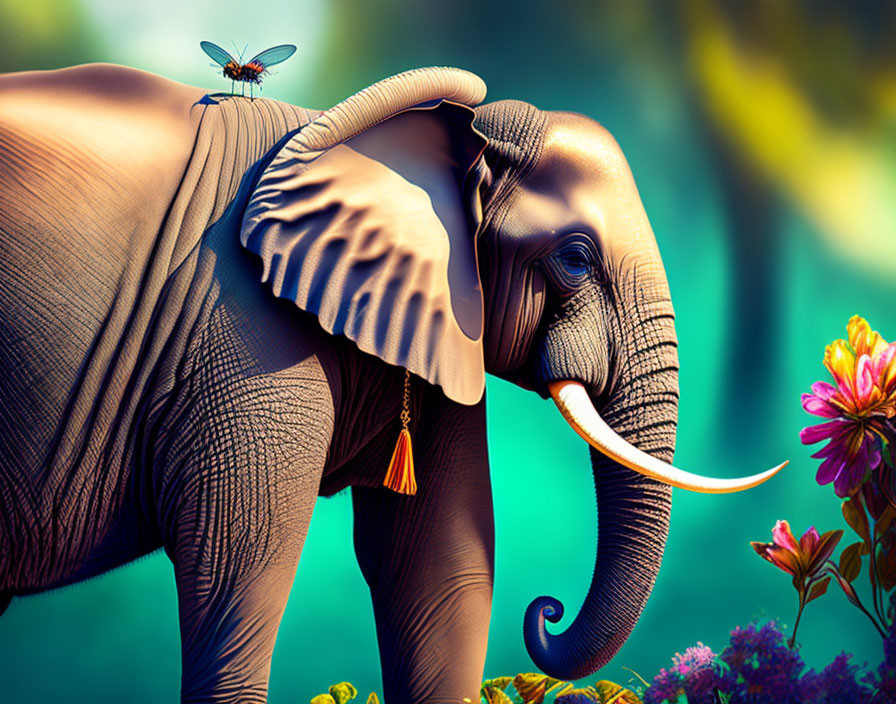 Colorful Forest Scene: Elephant with Tassel and Dragonfly in Flower-Filled Setting