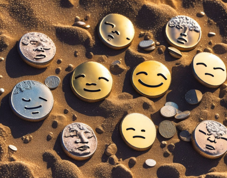 Assorted Smiley Face Embossed Gold & Silver Coins on Sandy Beach