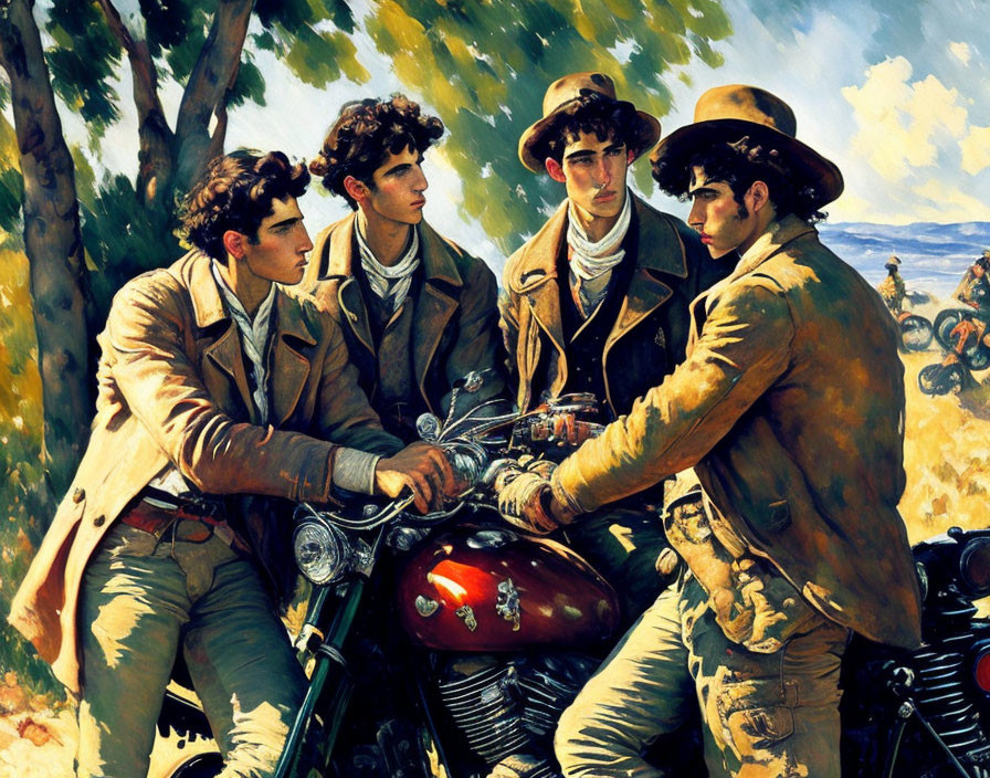 Vintage style animated young men pose with classic motorcycle under sunny backdrop