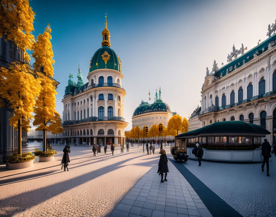 Historic plaza with classical buildings and autumn trees under blue sky